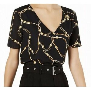 Leyden‎ Women's Blouse Intense Black Size Med Chain Print V-Neck Pullover